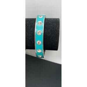 Turquoise Aqua Teal Blue Clamper Bangle Bracelet With Clear Rhinestones